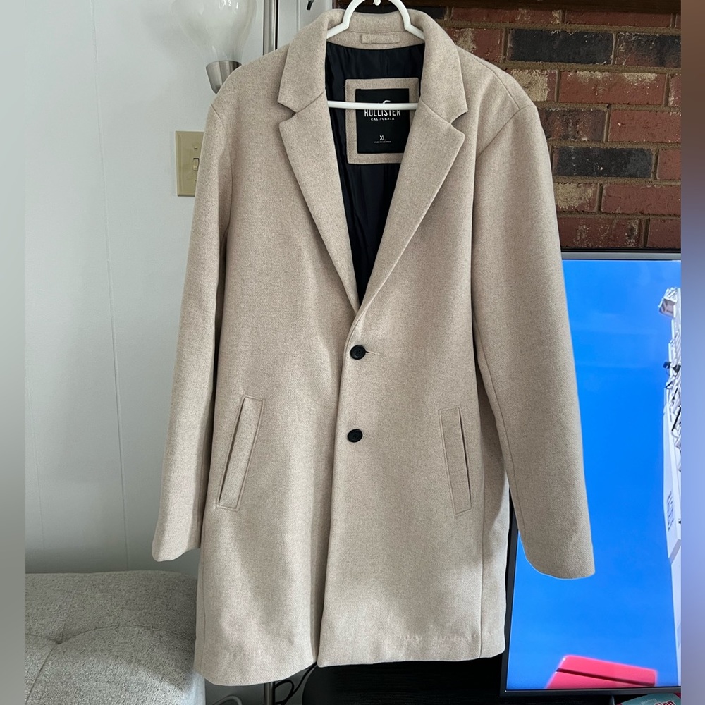 Hollister Men’s Winter Coat cream Beige size XL Topcoat Overcoat Wool Blend